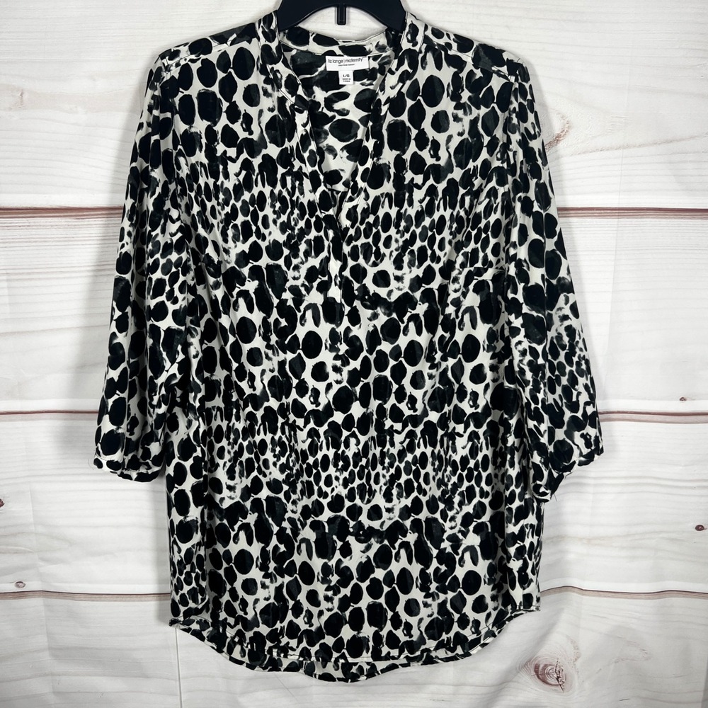 Liz Lange Maternity V-Neck Blouse Women L Black White Animal Print‎ 3/4 Sleeve